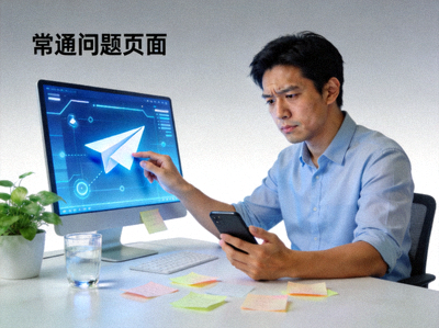 常见问题页面主图 - 一个人正在电脑和手机上使用纸飞机软件并思考问题